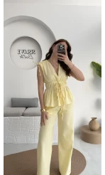 Lastik Detay Bluz Takım - Sarı