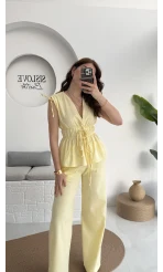 Lastik Detay Bluz Takım - Sarı