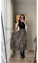 Lastikli Açık Leopar Saten Etek