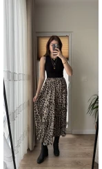 Lastikli Açık Leopar Saten Etek