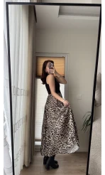 Lastikli Açık Leopar Saten Etek