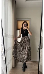 Lastikli Açık Leopar Saten Etek