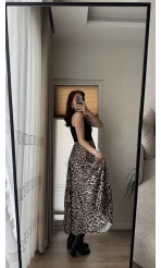 Lastikli Açık Leopar Saten Etek