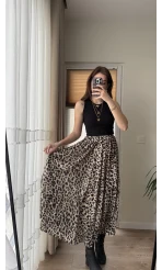 Lastikli Açık Leopar Saten Etek