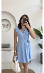 Laura Vatkalı Bürümcük Elbise - Mavi - 6021