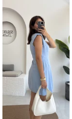 Laura Vatkalı Bürümcük Elbise - Mavi - 6021