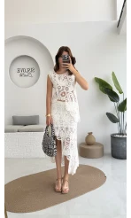 Lavina Dantel Etek Bluz - Kırık Beyaz - 38873