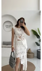 Lavina Dantel Etek Bluz - Kırık Beyaz - 38873