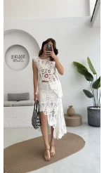 Lavina Dantel Etek Bluz - Kırık Beyaz - 38873