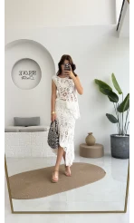 Lavina Dantel Etek Bluz - Kırık Beyaz - 38873