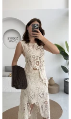 Lavina Dantel Etek Bluz - Natural - 38873