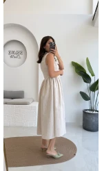 Layla Dantelli Deniz Kabuklu Keten Elbise - 6018