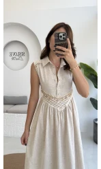 Layla Dantelli Deniz Kabuklu Keten Elbise - 6018