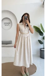 Layla Dantelli Deniz Kabuklu Keten Elbise - 6018