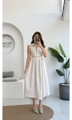 Layla Dantelli Deniz Kabuklu Keten Elbise - 6018