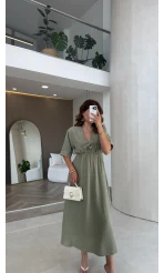 Leila Nakış Detaylı Müslin Elbise - Haki - Kod: 1101