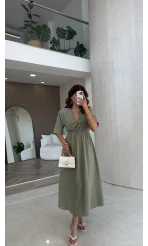 Leila Nakış Detaylı Müslin Elbise - Haki - Kod: 1101