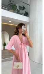 Leila Nakış Detaylı Müslin Elbise - Pembe - Kod: 1101
