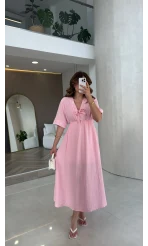 Leila Nakış Detaylı Müslin Elbise - Pembe - Kod: 1101