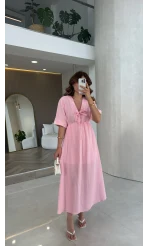 Leila Nakış Detaylı Müslin Elbise - Pembe - Kod: 1101