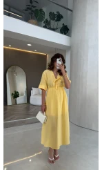 Leila Nakış Detaylı Müslin Elbise - Sarı - Kod: 1101
