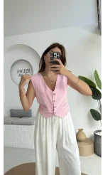 Lemon Düğmeli Kısa Yelek - Pembe