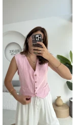 Lemon Düğmeli Kısa Yelek - Pembe