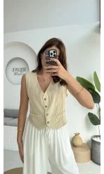 Lemon Düğmeli Kısa Yelek - Taş