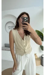 Lemon Düğmeli Kısa Yelek - Taş