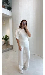 Lena Simli Modal Crop Takım - Ekru - Kod: 4162