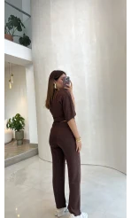 Lena Simli Modal Crop Takım - Kahverengi - Kod: 4162