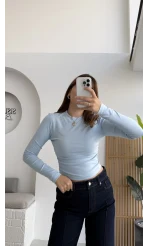 Lena Yanı Büzgülü Likralı Bluz - Bebe Mavisi