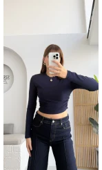 Lena Yanı Büzgülü Likralı Bluz - Lacivert