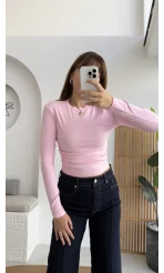 Lena Yanı Büzgülü Likralı Bluz - Pembe