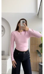 Lena Yanı Büzgülü Likralı Bluz - Pembe