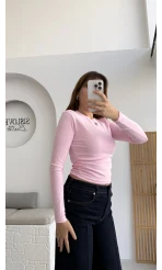 Lena Yanı Büzgülü Likralı Bluz - Pembe