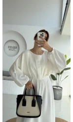 Lenora Zımba Detay Elbise - Kırık Beyaz - 3037