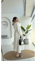 Lenora Zımba Detay Elbise - Kırık Beyaz - 3037