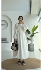 Lenora Zımba Detay Elbise - Kırık Beyaz - 3037