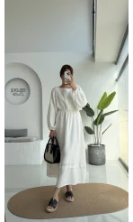 Lenora Zımba Detay Elbise - Kırık Beyaz - 3037