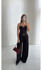 Leona Askılı Dantel Korse - Siyah