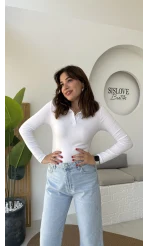 Leona Polo Yaka Uzun Kollu Bluz - Beyaz