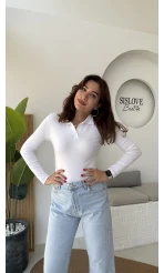 Leona Polo Yaka Uzun Kollu Bluz - Beyaz