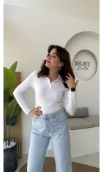 Leona Polo Yaka Uzun Kollu Bluz - Beyaz