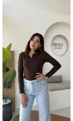 Leona Polo Yaka Uzun Kollu Bluz - Kahve