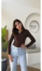 Leona Polo Yaka Uzun Kollu Bluz - Kahve