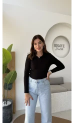 Leona Polo Yaka Uzun Kollu Bluz - Siyah