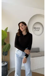 Leona Polo Yaka Uzun Kollu Bluz - Siyah