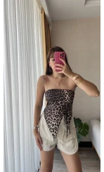 Leopar Straplez Büzgülü Üst