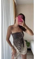 Leopar Straplez Büzgülü Üst